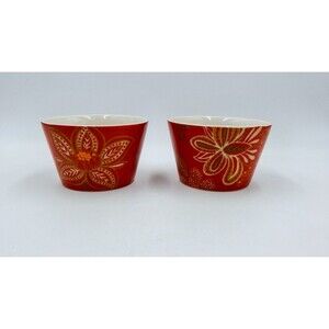 222 FIFTH Koson Spice Dark Porcelain Appetizer Bowls Set of 2 Red Floral Leaves